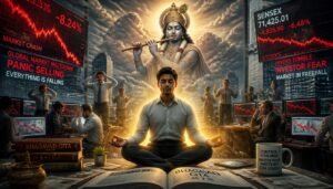 the teachings of the Bhagavad Gita about market panic and emotional control. A modern investor sits calmly in meditation posture inside a high-rise office while giant stock market screens around him show crashing red graphs, financial chaos, panic