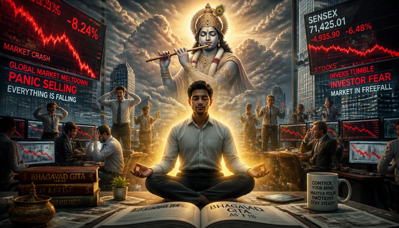 the teachings of the Bhagavad Gita about market panic and emotional control. A modern investor sits calmly in meditation posture inside a high-rise office while giant stock market screens around him show crashing red graphs, financial chaos, panic