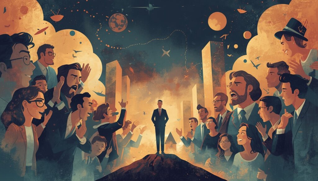 emotional investors reacting with fear and greed in financial markets while one calm individual remains balanced and peaceful through wisdom and discipline, simplified bhagavad gita