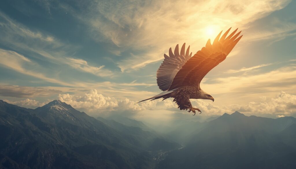 A powerful eagle flying steadily and fearlessly through strong winds while remaining calm, focused, and balanced, symbolizing Karma Yoga, discipline, dedication, ethical action, inner strength, and professional excellence