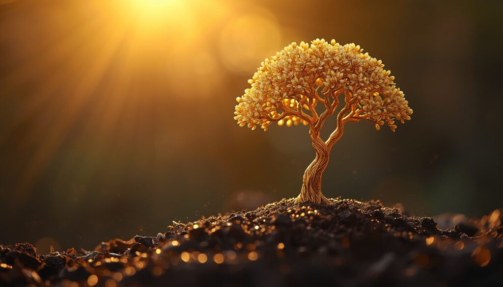 A symbolic golden tree slowly growing from small seeds into strong wealth and prosperity, representing patience, consistency, disciplined financial growth. simplified bhagavad gita