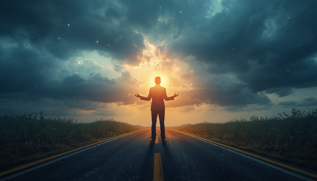 the path, symbolizing wise decision-making during uncertainty, balance, awareness, emotional intelligence, cinematic modern spiritual-business atmosphere